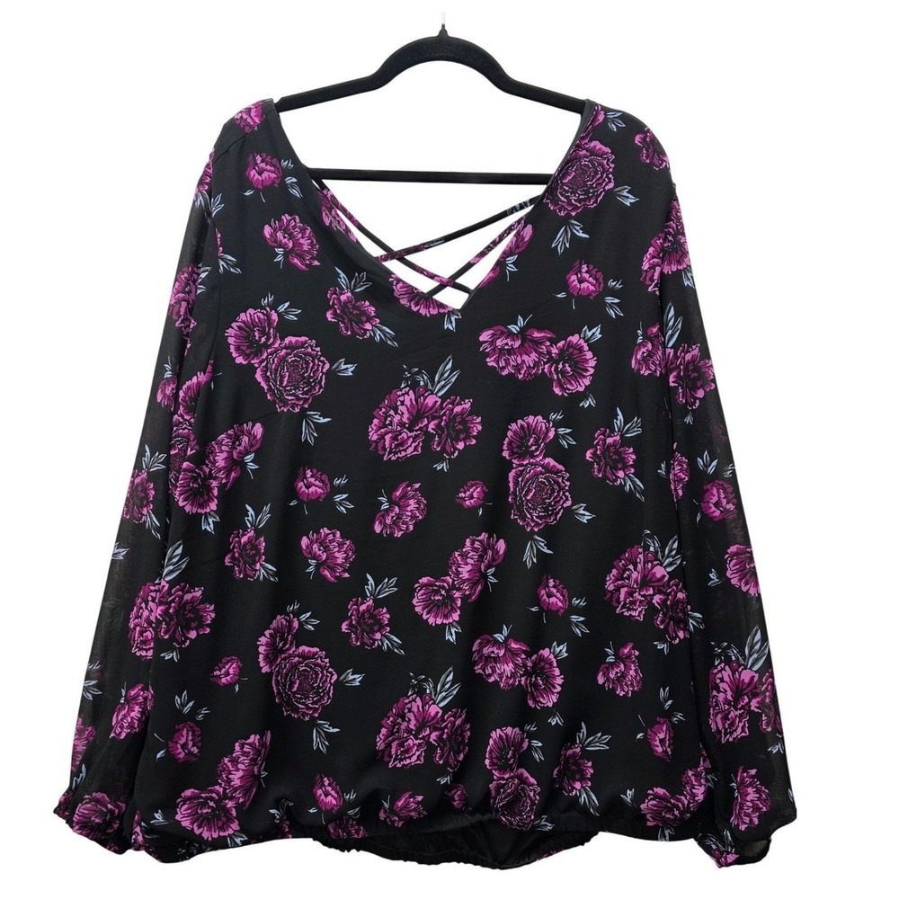 Torrid Purple Floral Chiffon Strappy Back Bubble Hem Blouse Top Size 3 3X Plus